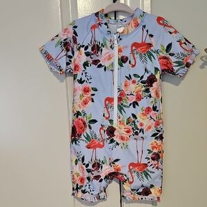 2 - 3y Swimsuit Romper Floral Flamingo Zip Ruffle Trim